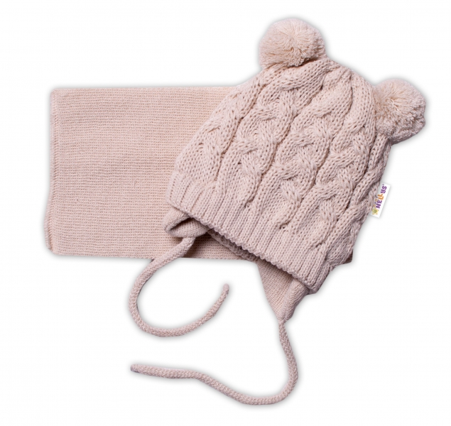 Detský eshop: Zimná pletená čiapočka so šálom teddy - béžová s brmbolcami, vel. 62/68, značka Baby Nellys