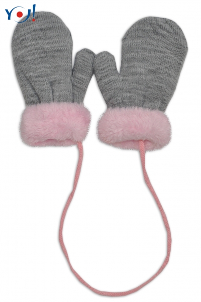 Detský eshop: zimné detské rukavice s kožušinou - šnúrkou yo - sivá/ružová kožušina, značka YO !
