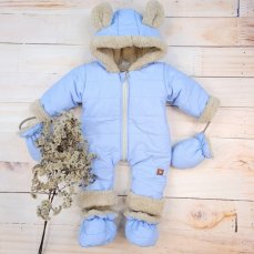 Zimná prešívaná Detská kombinéza s kožúškom a kapucňou + rukavičky + topánočky, Z&Z - modrá