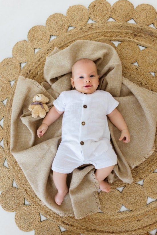 Letný mušelínový overal s krátkym rukávom – čokoládový (62–86) od značky Makoma - Veľkosť: 80 (9-12m)