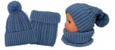 Detský eshop: Pletená zimná čiapočka s brmbolcom + nákrčník baby nellys - modrá, jeans,veľ. 48-52cm