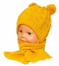 Zimná pletená čiapočka so šálom TEDDY - horčicová s brmbolcami, vel. 62/68, značka Baby Nellys