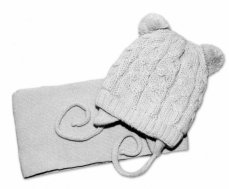 Zimná pletená čiapočka so šálom TEDDY - sivá s brmbolcami, vel. 62/68, značka Baby Nellys