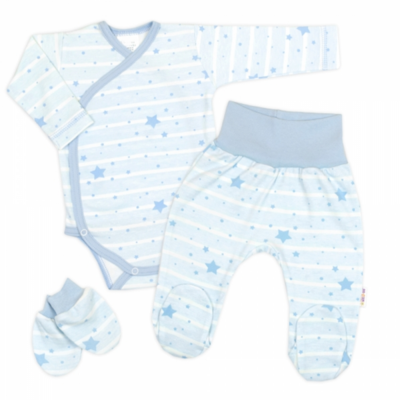 Detský eshop - Zavinovacie body, polodupačky + rukavičky, 3D bavlnená sada Baby Stars, pastel blue