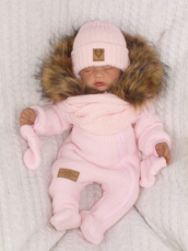 Z & Z Zimná Detská kombinéza s kapucňou a kožušinou + rukavičky, ružová