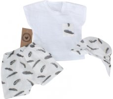 Mušelínové tričko, kraťasy + šatka, 3d sada, pierka z&z, biela/smotana