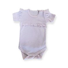 Detský eshop: Dojčenské body, s krátkym rukávom mamatti, zapínanie pri krku, puntík - púdrové s volánikmi