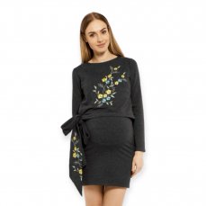 Elegantné tehotenské šaty, tunika s výšivkou a stuhou, značka Be MaaMaa - grafit (dojčiace)