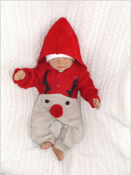 Z&z detský pletený vianočný overal s kapucňou a gombíkmi baby sob, červený