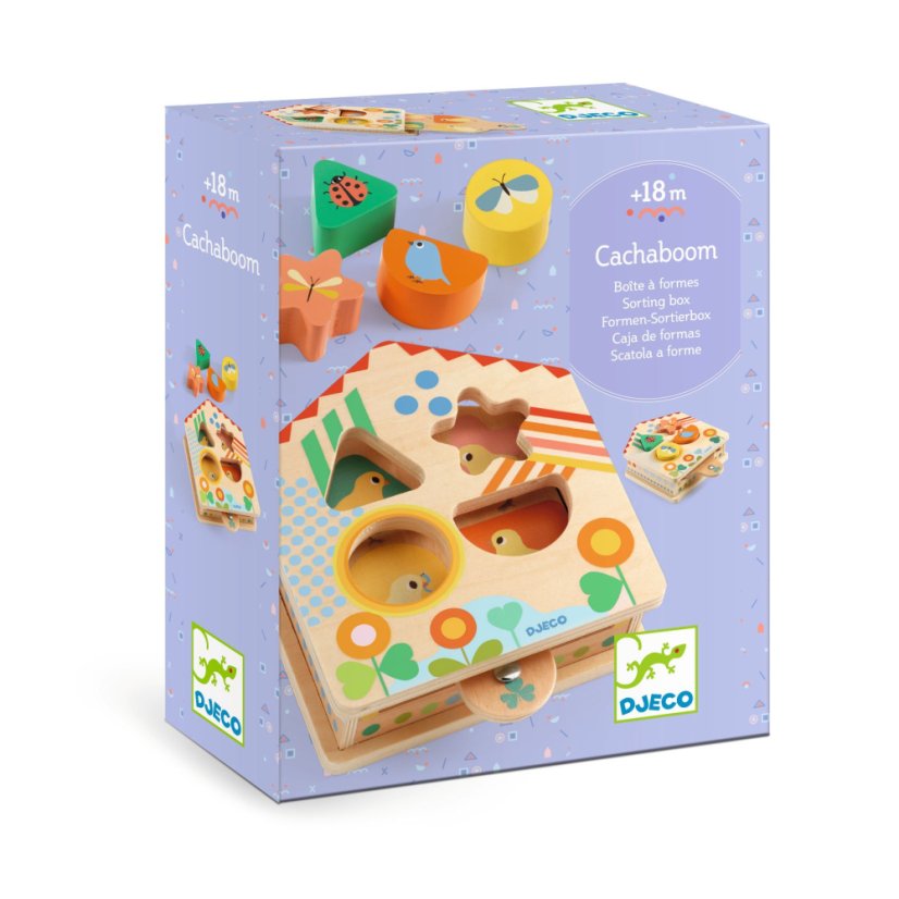 Cachaboom, drevený triediaci box, domček s tvarmi, od 18 mesiacov, značka Djeco