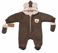 Detský eshop: Oteplená pletená detská kombinéza s rukavičkami teddy medvedík, baby nellys, dvojvrstvová, hnedá