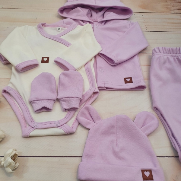 Detský eshop: Sada do pôrodnice 5d, body, polodupačky, kabátik, čiapočka, rukavičky, lila