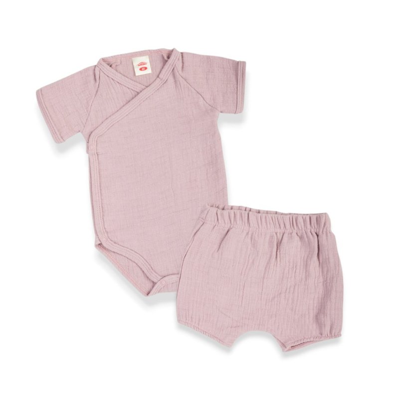 2-dielana letná mušelínová súpravička – body s krátkym rukávom a kraťasky (ružová) od značky Makoma - Veľkosť: 62 (2-4m)