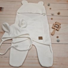 Detský eshop: Univerzálna zavinovačka, zavinovacia deka + čiapočka, medvedík, bavlna, biela, 56/62