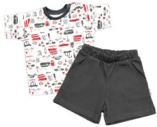 Detský eshop: Tričko, s krátkym rukávom + kraťasky, 2d, baby nellys, autá, bavlna, smotana/sivá
