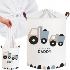Kôš/box na hračky, uzatvárateľný, Tulimi, bavlna - Trucks Love Daddy - biely, 43 L