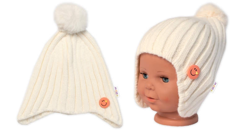Detská zimná čiapka s brmbolcom Smile, Baby Nellys - smotanová, veľ. 48-54 cm - Veľkosť: 104 (2-4r)