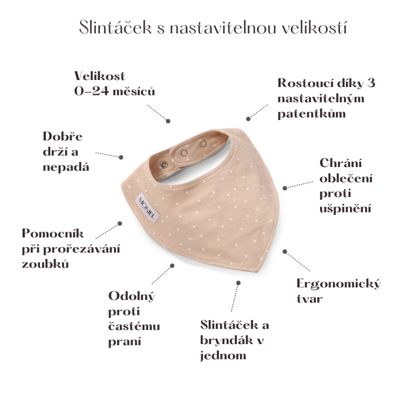 Detský drooler s nastaviteľnou veľkosťou, DOTS Beige, béžová, 0-24 mesiacov, od značky Moniel
