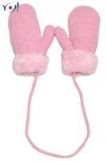 Detský eshop: Yo! zimné detské rukavice s kožušinou - šnúrkou yo - sv. ružová/ružová kožušina