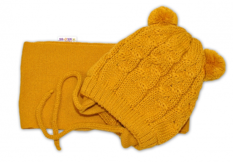 Detský eshop: Zimná pletená čiapočka so šálom teddy - horčicová s brmbolcami, vel. 62/68, značka Baby Nellys