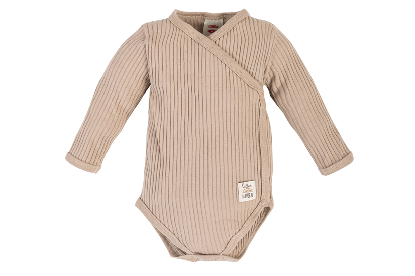 3-dielna rebrovaná súpravička NATURAL HARMONY – body s bočným zapínaním, polodupačky a čiapočka – cappuccino od značky Makoma - Veľkosť: 68 (4-6m)