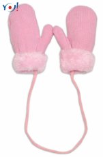 YO! Zimné detské rukavice s kožušinou - šnúrkou YO - sv. ružová/ružová kožušina