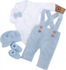 Z&z 5-dielna pletená sada boy, body, nohavice, čiapočka motýlik, topánočky, modrá