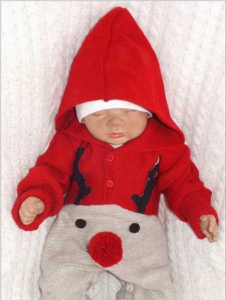 Z&z detský pletený vianočný overal s kapucňou a gombíkmi baby sob, červený