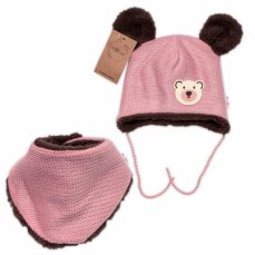 Pletená zimná čiapočka s kožúškom a šatkou Teddy medvedík, Baby Nellys, ružová