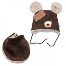 Detský eshop: Pletená zimná čiapočka s kožúškom a šatkou teddy medvedík, baby nellys, hnedá