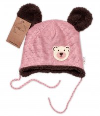 Detský eshop: Pletená zimná čiapočka s kožúškom a šatkou teddy medvedík, baby nellys, ružová