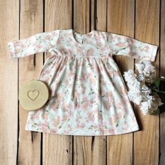 Detský eshop: Dojčenské šaty s dlhým rukávom, kvety višní, mamatti, smotanovo/púdrové