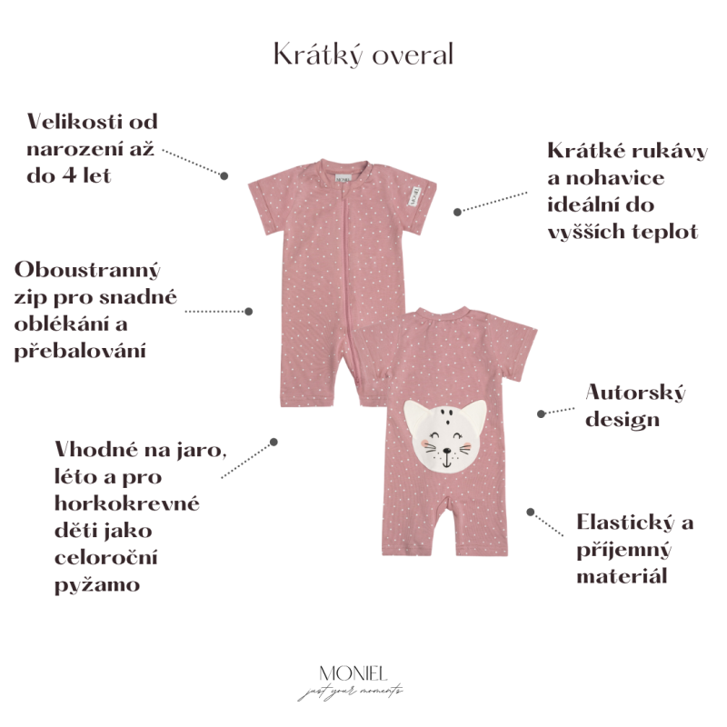 Detský overal s krátkym rukávom Cat, DOTS Pink, ružová, od značky Moniel - Veľkosť: 104 (3-4r) MON