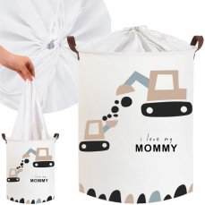 Kôš/box na hračky, uzatvárateľný, Tulimi, bavlna - Trucks Love Mommy - biely, 43 L
