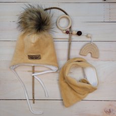Zimná dvojvrstvová čiapočka na zaväzovanie s brmbolcom z kožušinky + šatka Z&Z, béžová