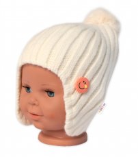 Detský eshop: Detská zimná čiapočka s brmbolcom smile, baby nellys - smotanová, veľ. 48-54 cm