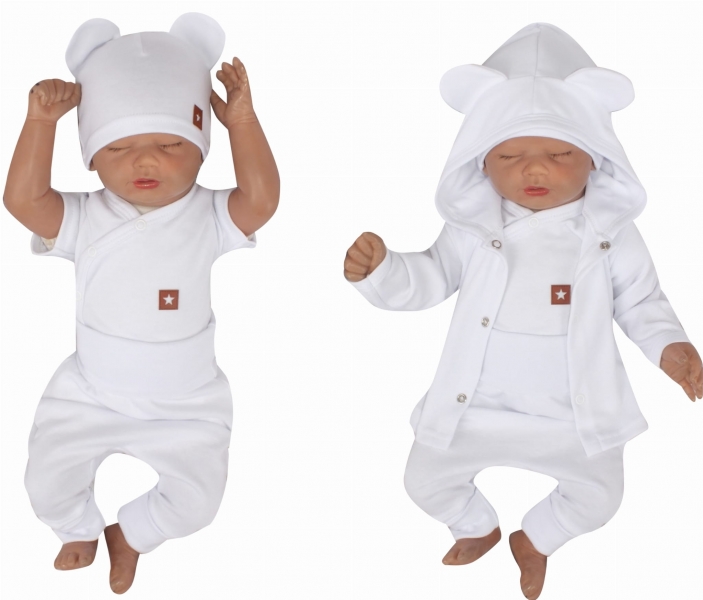 Novorodenecká sada 4D, body s krátkym rukávom, tepláčiky, kabátik a čiapočka Z&Z, biela