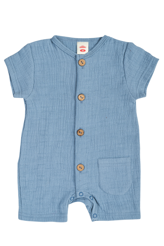 Letný mušelínový overal s krátkym rukávom – modrý (62–86) od značky Makoma - Veľkosť: 86 (12-18m)