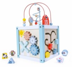 Edukačná drevená kocka s labyrintom 5v1 Eco toys, modrá