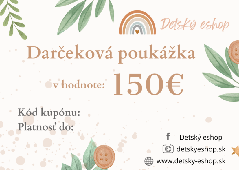 Darčeková poukážka Detský eshop 50€ 100€ alebo 150€ - Darčeková poukážka: 100€