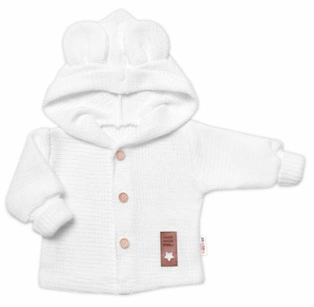 Detský eshop: Elegantný pletený svetrík s gombíkmi a kapucňou s uškami baby nellys, biely