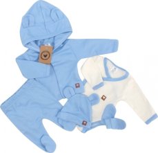 Sada do pôrodnice 5d, body, polodupačky, kabátik, čiapočka, rukavičky - modrá