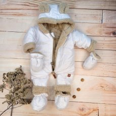 Zimná prešívaná Detská kombinéza s kožúškom a kapucňou + rukavičky + topánočky, Z&Z - biela