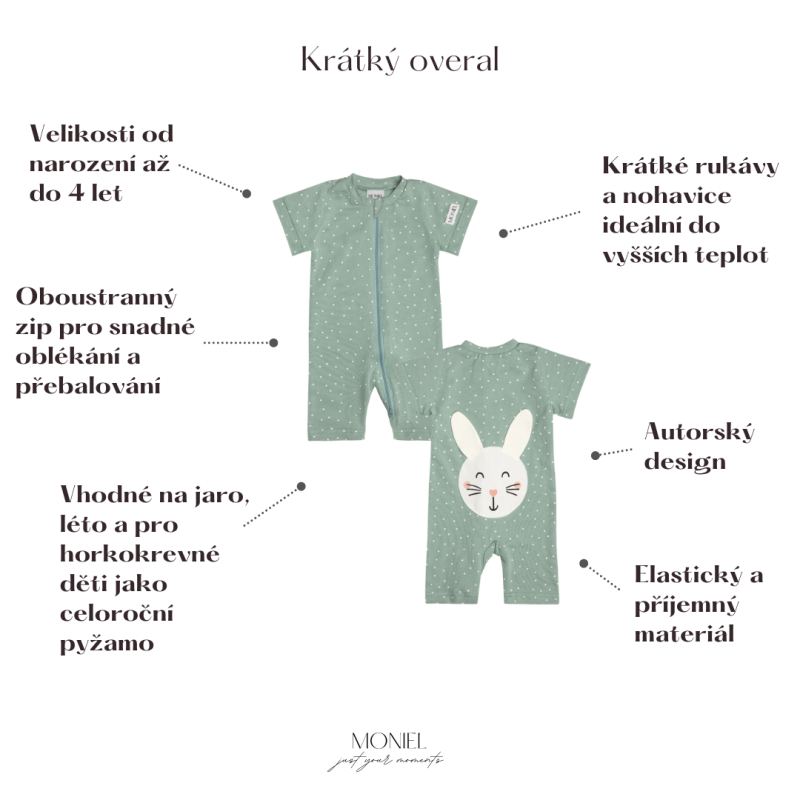 Detský overal s krátkym rukávom Rabbit, DOTS Mint, mätová, od značky Moniel - Veľkosť: 104 (3-4r) MON