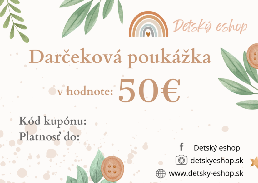 Darčeková poukážka Detský eshop 50€ 100€ alebo 150€ - Darčeková poukážka: 50€