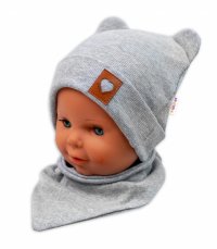 Detský eshop: Rebrovaná dvojvrstvová čiapočka s uškami + šatka teddy - sivý melír, značka Baby Nellys