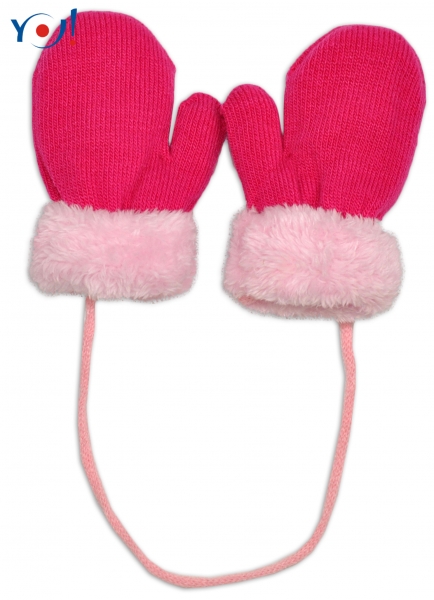 Detský eshop: Yo! zimné detské rukavice s kožušinou - šnúrkou yo - malinová/ružová kožušina