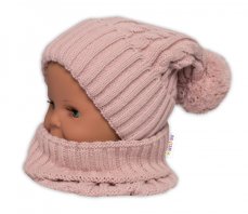 Detský eshop: Pletená zimná čiapočka s brmbolcom + nákrčník baby nellys - púdrová,veľ. 48-52cm