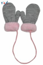 Zimné detské rukavice s kožušinou - šnúrkou YO - sivá/ružová kožušina, značka YO !
