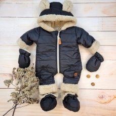 Zimná prešívaná Detská kombinéza s kožúškom a kapucňou + rukavičky + topánočky, Z&Z - čierna